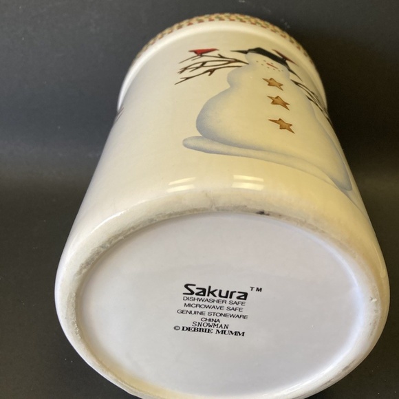 Debbie Mumm Snowman w/Baseball Cap Utensil Holder Jar Sakura Crock Christmas VTG - Picture 4 of 10